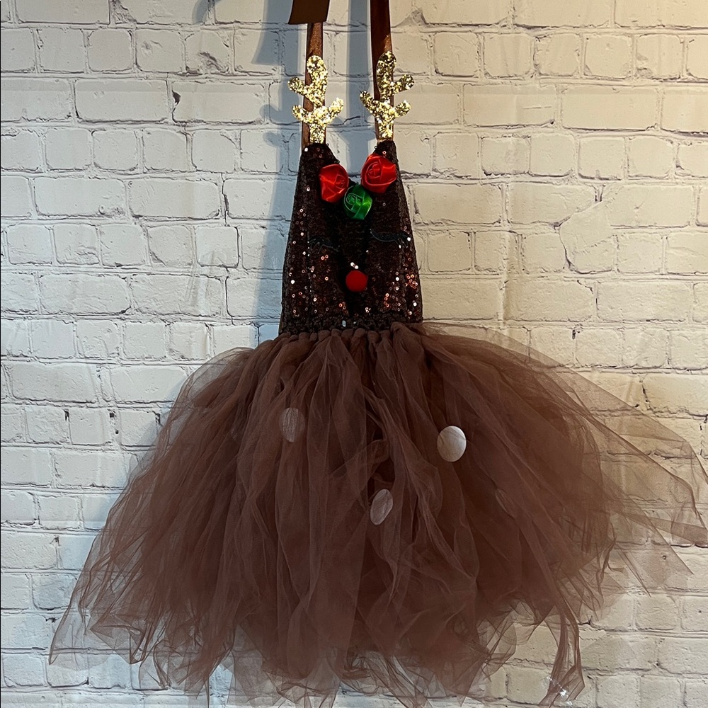 Brown Reindeer Halter Tutu Dress with Floral Accents and antler headband